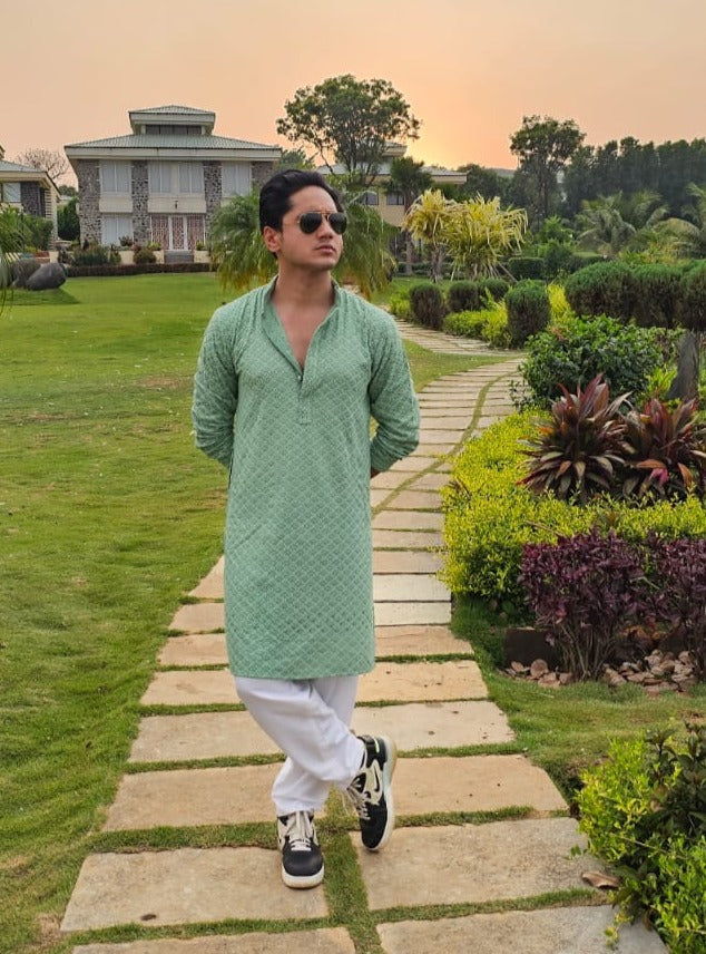 Jompers Men's Green Chikankari Embroidered and Sequence Kurta with Churidar - Distacart