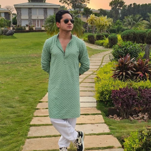 Jompers Men's Green Chikankari Embroidered and Sequence Kurta with Churidar - Distacart