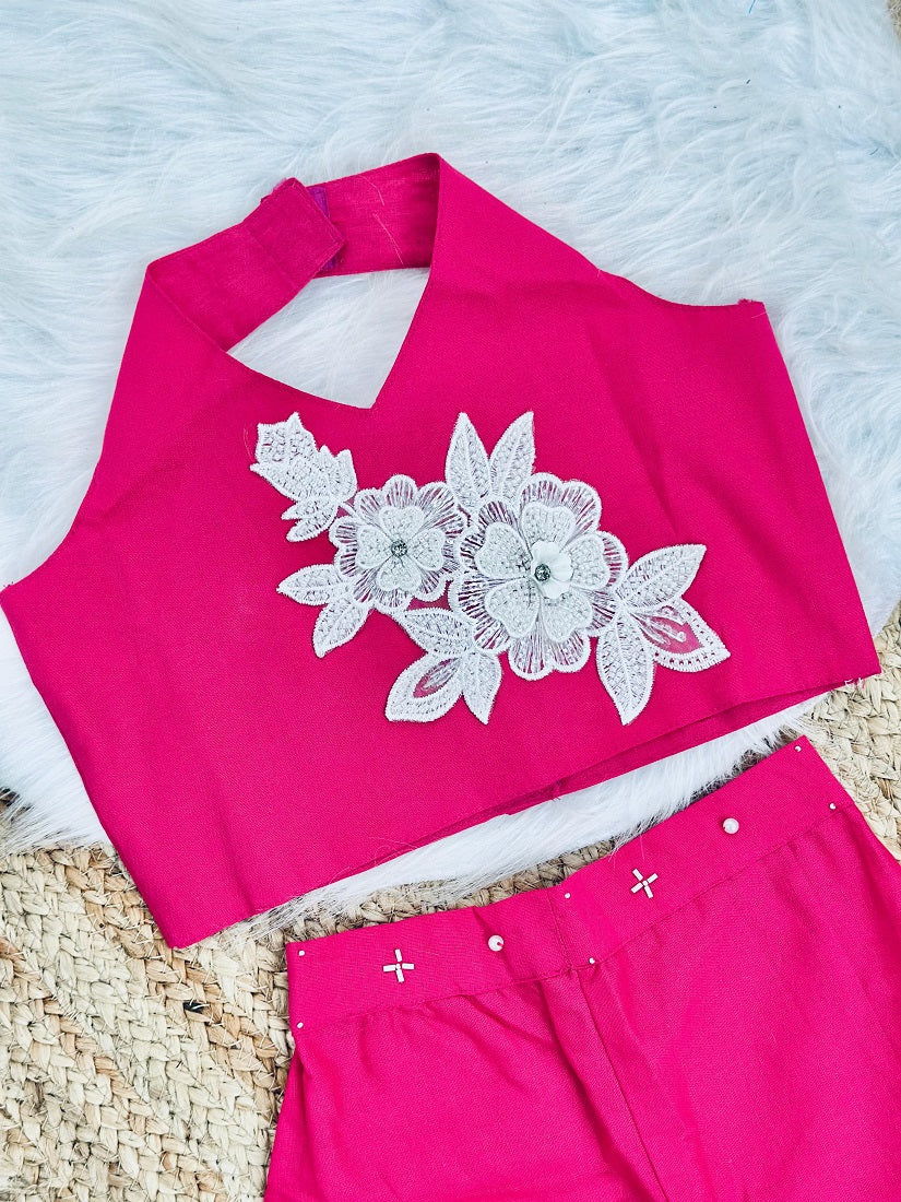 Evanik Pink Pure Khadi Cotton With Patch Work Kids Summer Co-Ord Set - Dista