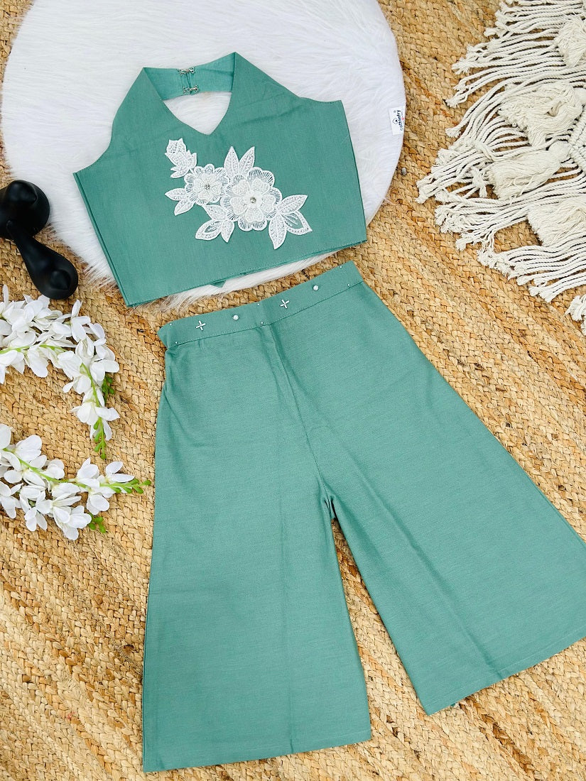 Evanik Green Pure Khadi Cotton With Patch Work Kids Summer Co-Ord Set - Dista