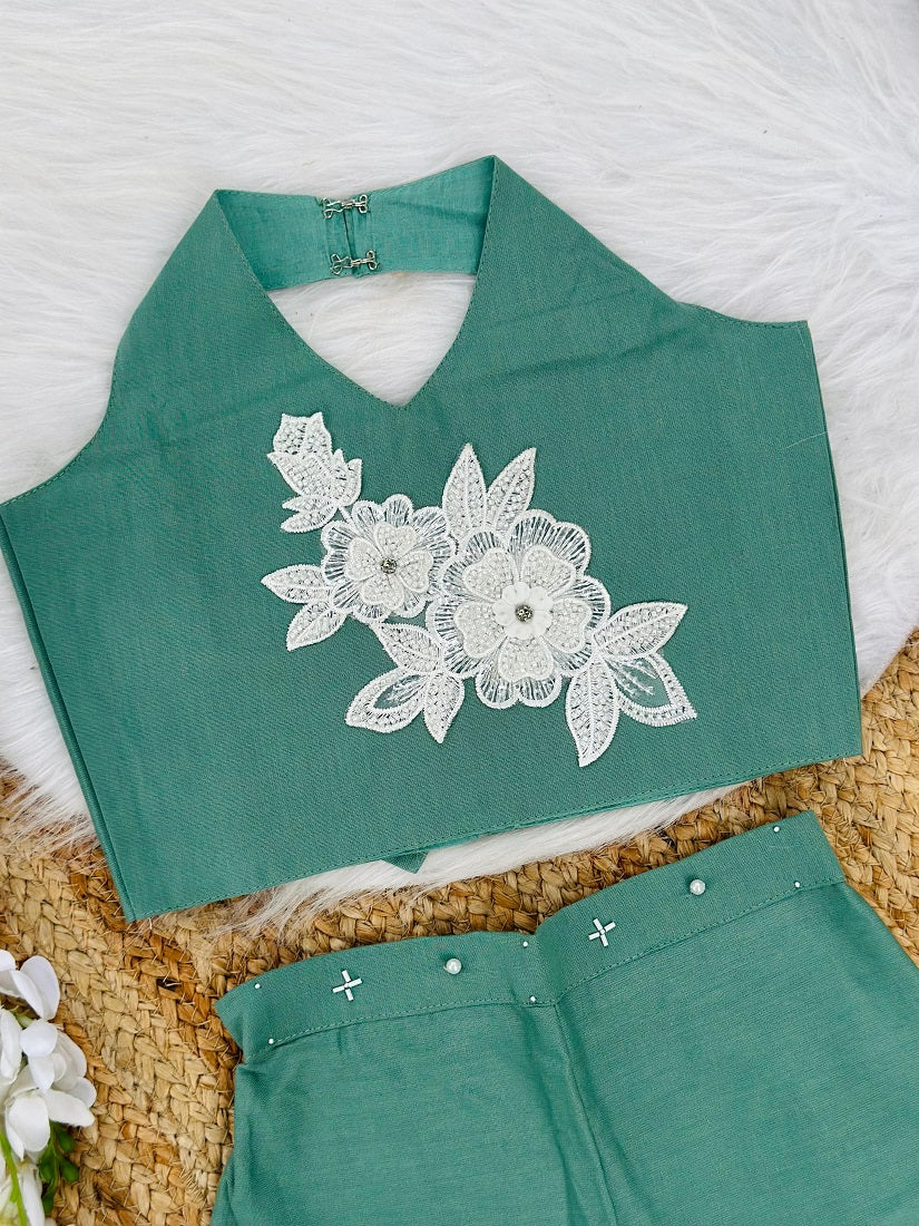 Evanik Green Pure Khadi Cotton With Patch Work Kids Summer Co-Ord Set - Dista