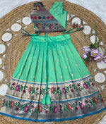 Thumbnail for Evanik Turquoise Kids Paithani Silk Lotus Pattern Lehenga Choli - Dista