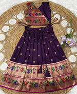 Thumbnail for Evanik Purple Kids Paithani Silk Lotus Pattern Lehenga Choli - Dista