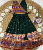 Thumbnail for Evanik Green Kids Paithani Silk Lotus Pattern Lehenga Choli - Dista