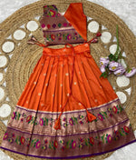 Thumbnail for Evanik Orange Kids Paithani Silk Lotus Pattern Lehenga Choli - Dista