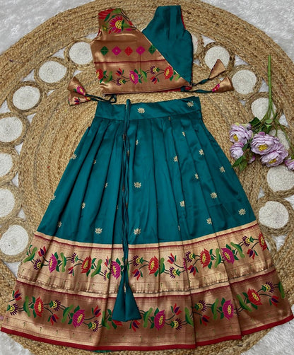 Evanik Blue Kids Paithani Silk Lotus Pattern Lehenga Choli - Dista