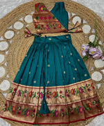 Thumbnail for Evanik Blue Kids Paithani Silk Lotus Pattern Lehenga Choli - Dista