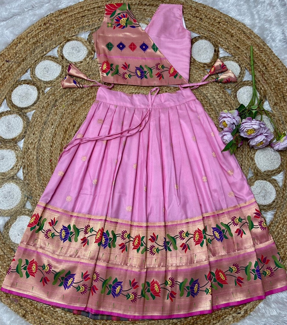 Evanik Pink Kids Paithani Silk Lotus Pattern Lehenga Choli - Dista