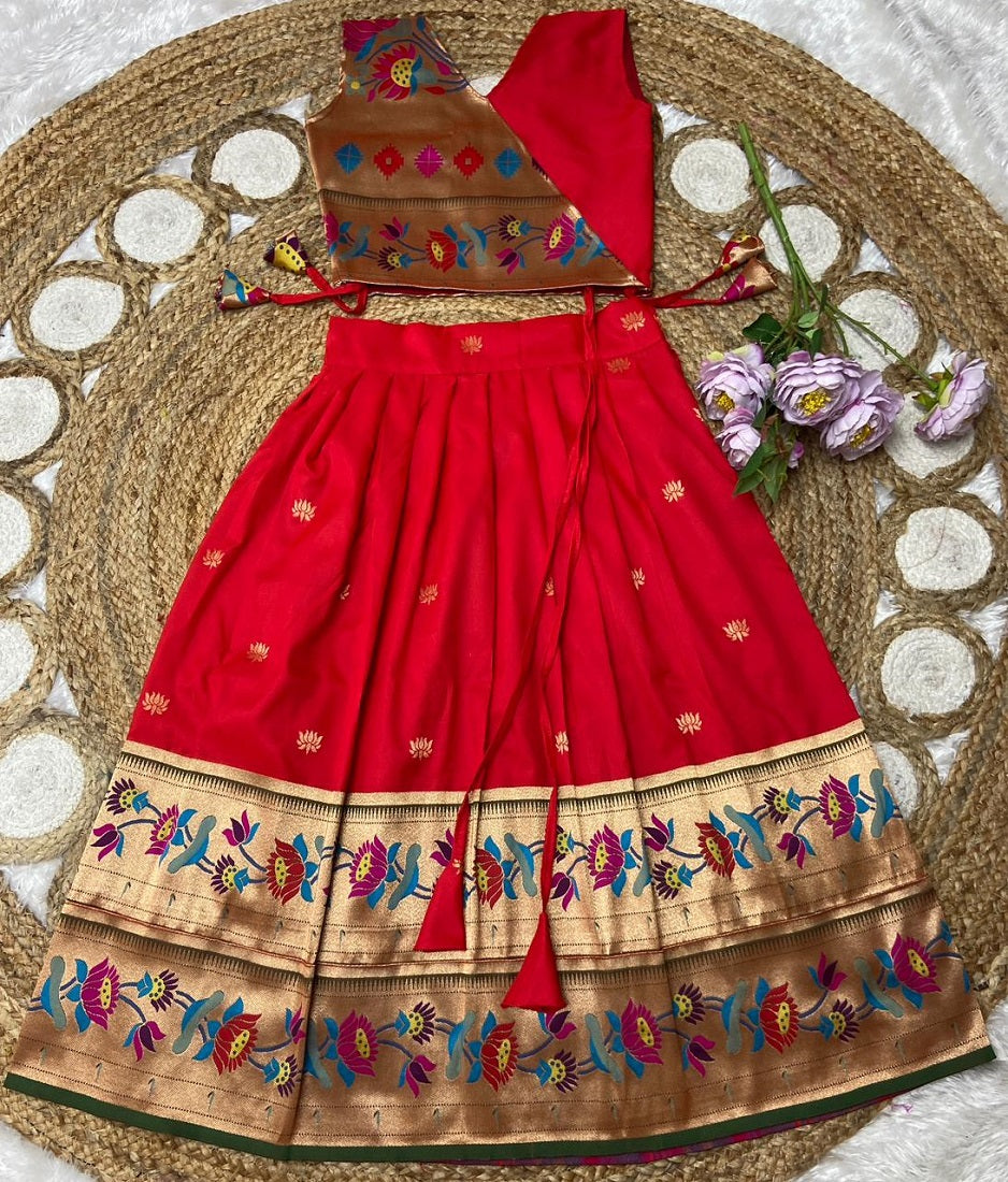 Evanik Red Kids Paithani Silk Lotus Pattern Lehenga Choli - Dista