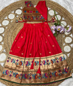 Thumbnail for Evanik Red Kids Paithani Silk Lotus Pattern Lehenga Choli - Dista