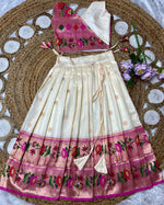 Thumbnail for Evanik White Kids Paithani Silk Lotus Pattern Lehenga Choli - Dista