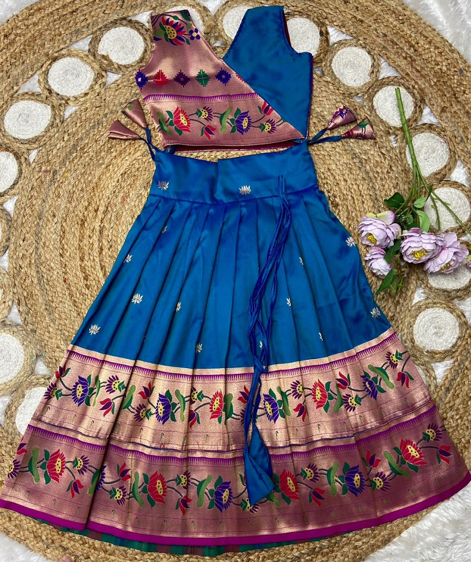 Evanik Blue Kids Paithani Silk Lotus Pattern Lehenga Choli - Dista