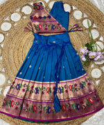 Thumbnail for Evanik Blue Kids Paithani Silk Lotus Pattern Lehenga Choli - Dista