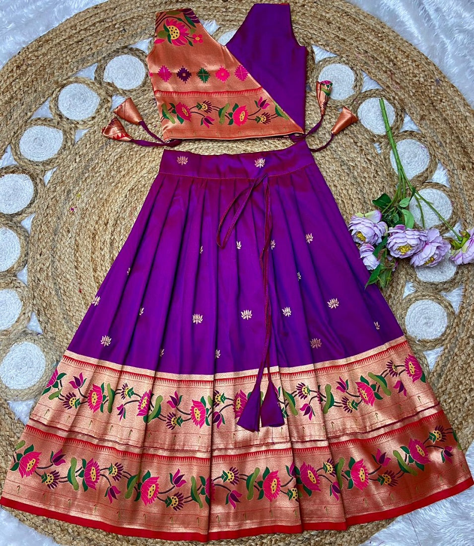Evanik Purple Kids Paithani Silk Lotus Pattern Lehenga Choli - Dista