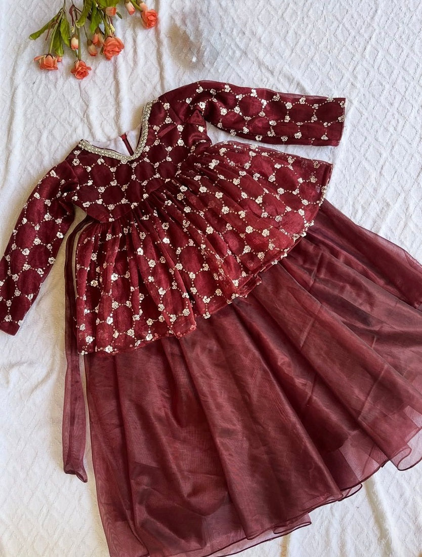 Evanik Maroon Embroidered Work Kids Twill Net Lehenga Choli Set - Dista