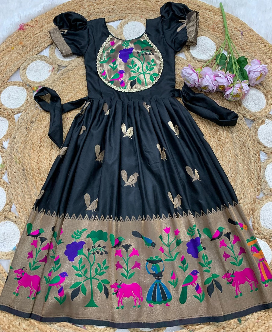 Evanik Black Soft Paithani Silk Zari Weaving Birds Pattern Kids Gown - Dista