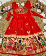 Thumbnail for Evanik Red Soft Paithani Silk Zari Weaving Birds Pattern Kids Gown - Dista