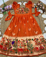 Thumbnail for Evanik Orange Soft Paithani Silk Zari Weaving Birds Pattern Kids Gown - Dista