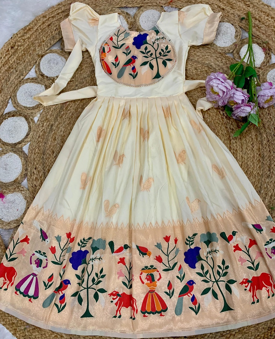 Evanik White Soft Paithani Silk Zari Weaving Birds Pattern Kids Gown - Dista