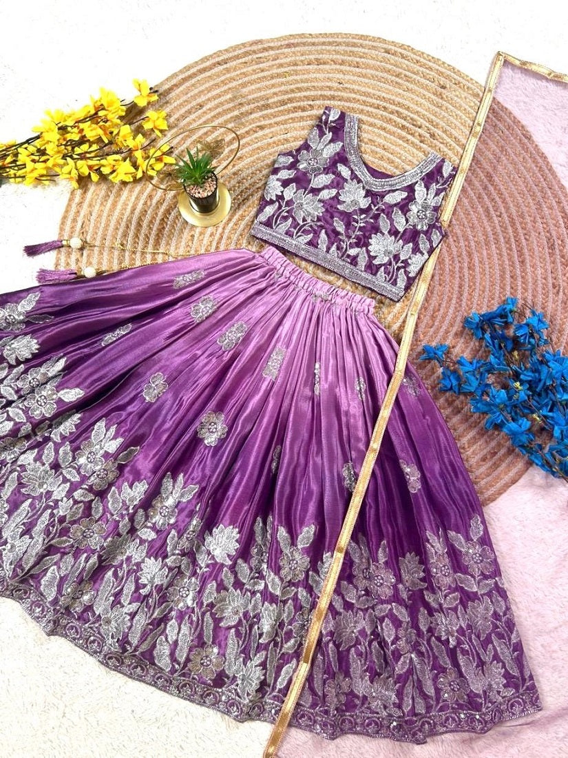 Evanik Purple Designer Sequence Embroidered Work Wedding Kids Lehenga Choli - Dista
