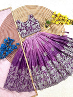 Thumbnail for Evanik Purple Designer Sequence Embroidered Work Wedding Kids Lehenga Choli - Dista