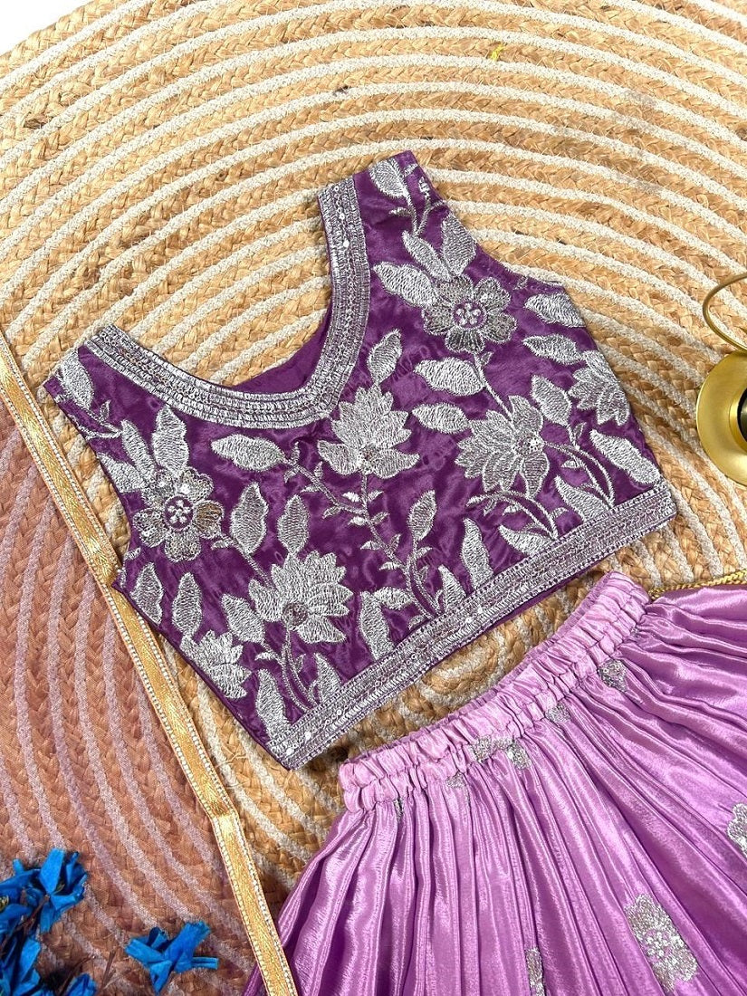 Evanik Purple Designer Sequence Embroidered Work Wedding Kids Lehenga Choli - Dista