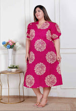 Thumbnail for Miravan Plus Size Womens Pink Printed Collar Neck Short Puff Sleeves Cotton A-Line Maxi Dress - Distacart