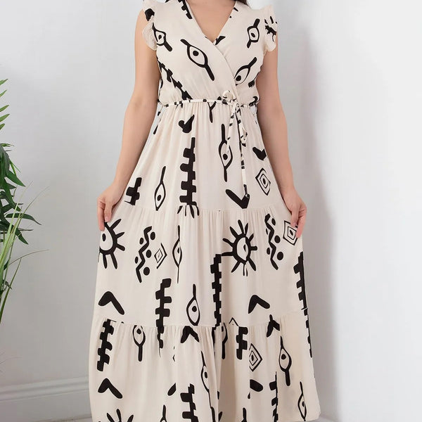 Pimu V-Neck Maxi Dress with White Graphic Print