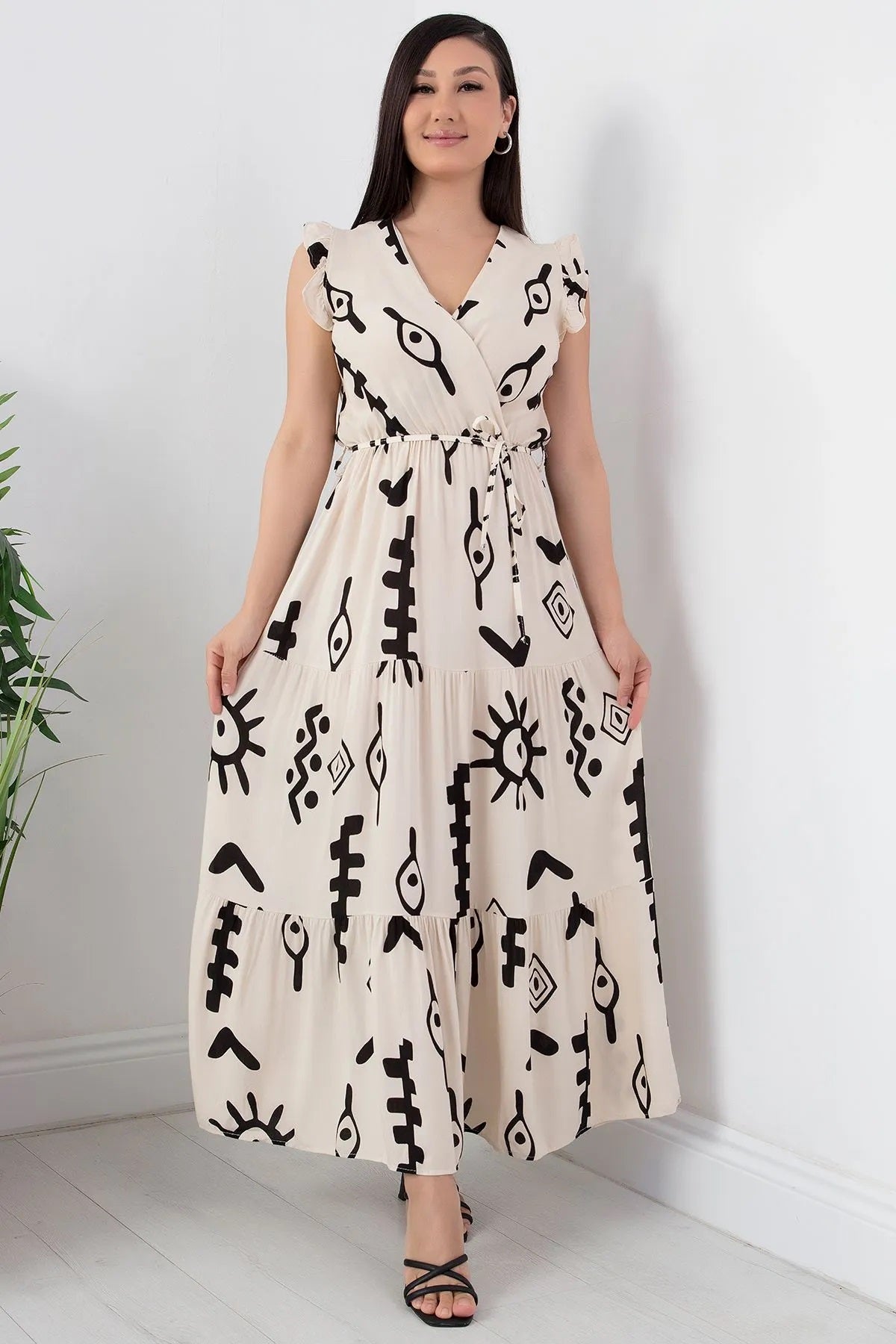 Pimu V-Neck Maxi Dress with White Graphic Print - Distacart