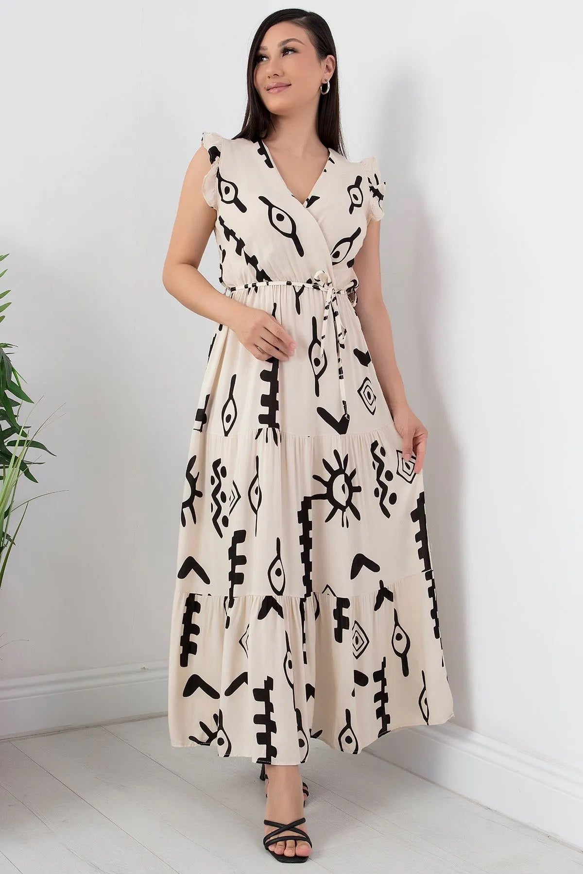 Pimu V-Neck Maxi Dress with White Graphic Print