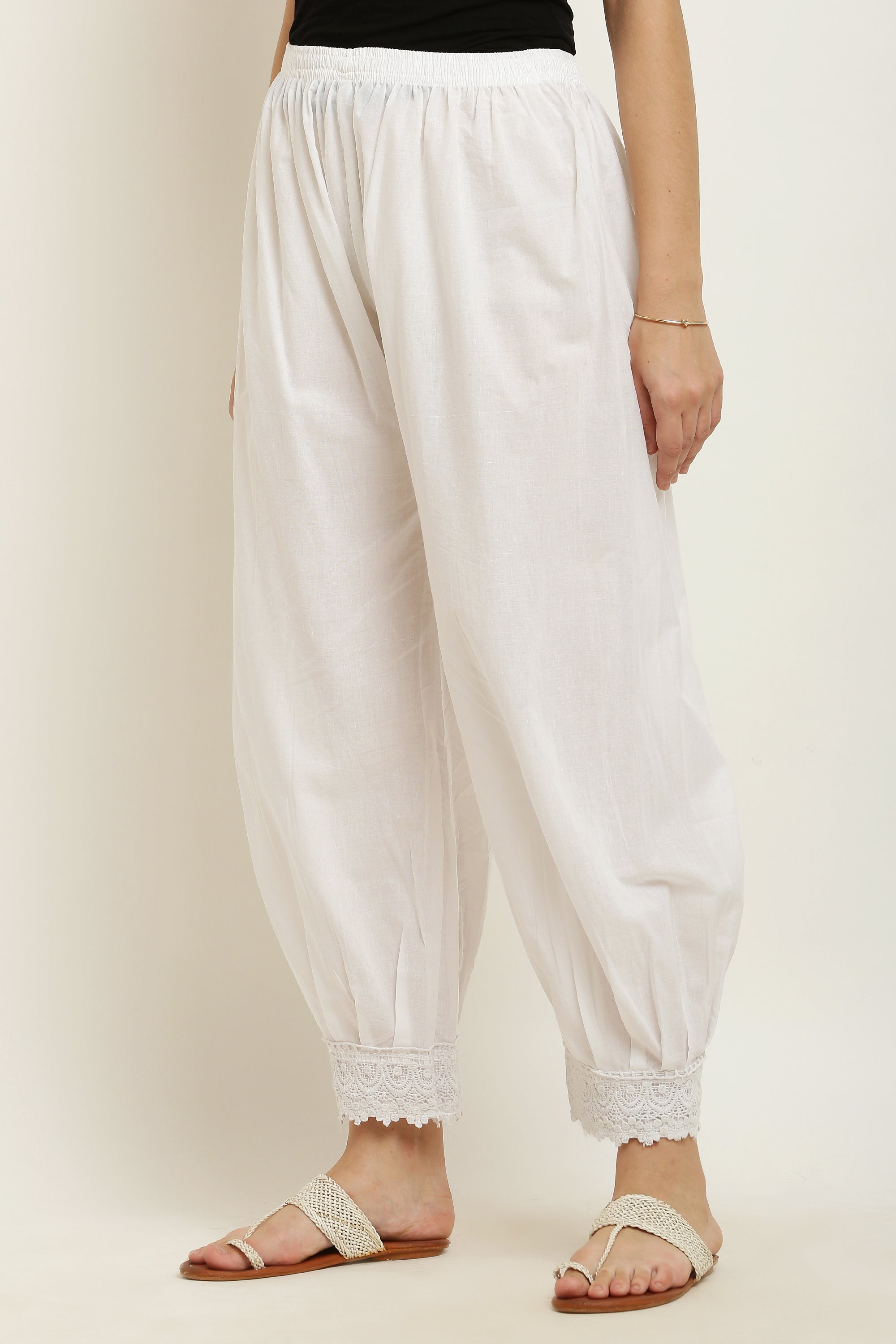 PAVONINE White Color Afghani Style Lace Hem Cotton Fabric Palazzo For Women - Distacart