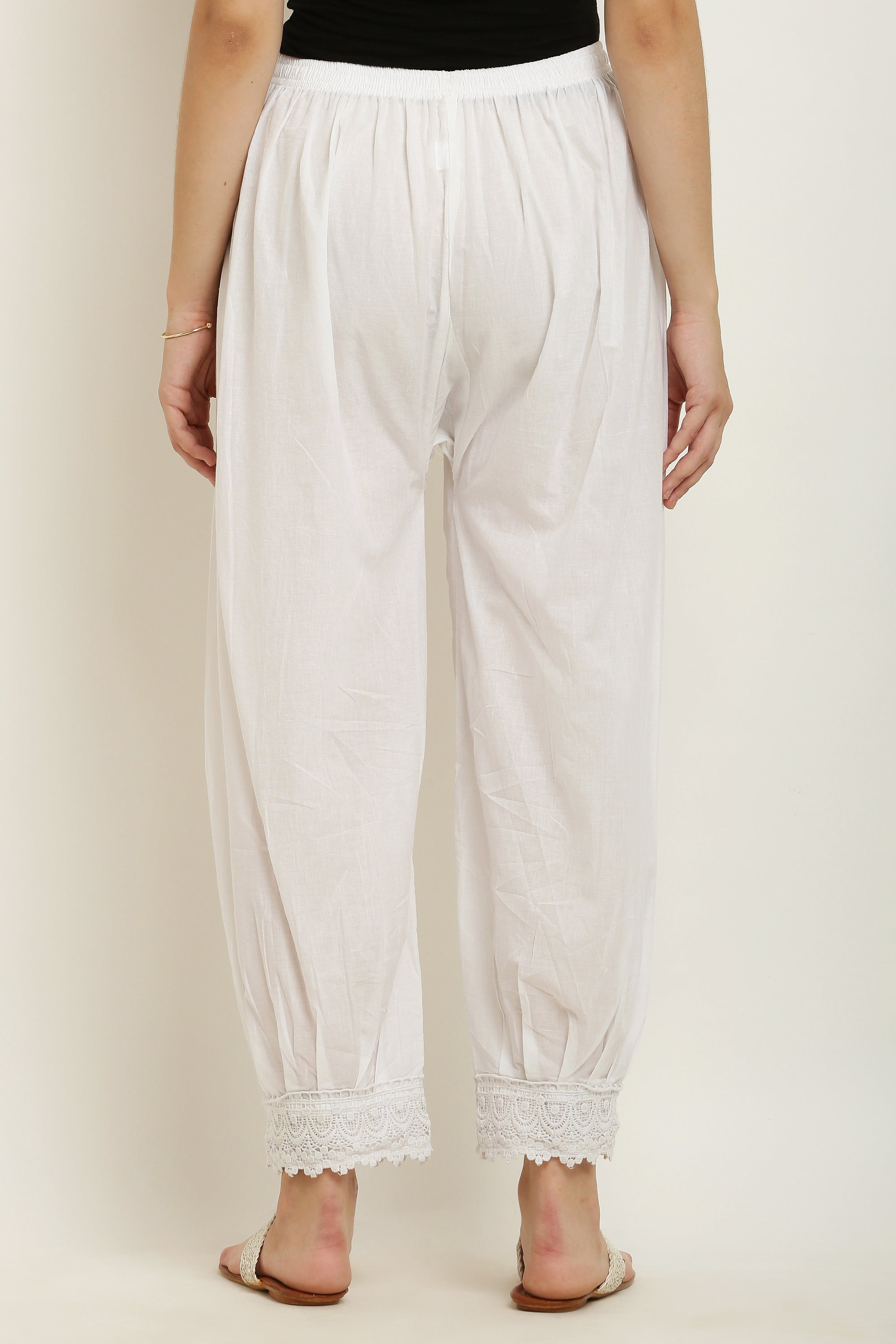 PAVONINE White Color Afghani Style Lace Hem Cotton Fabric Palazzo For Women - Distacart