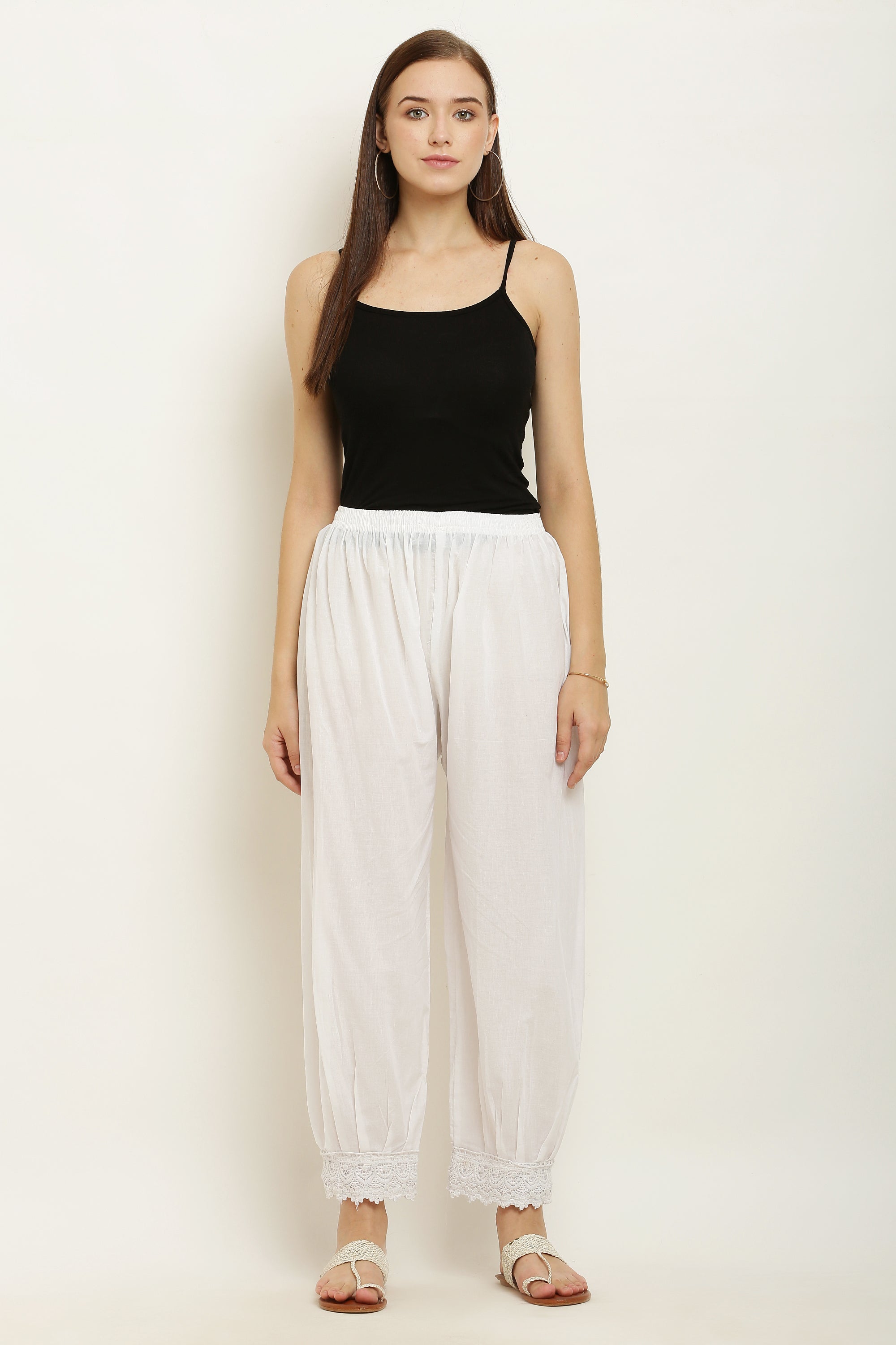 PAVONINE White Color Afghani Style Lace Hem Cotton Fabric Palazzo For Women - Distacart