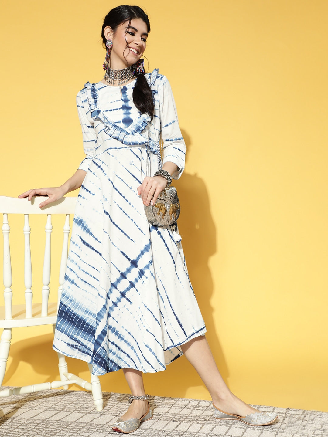 Yufta White & Blue Tie-Dyed Dress - Distacart