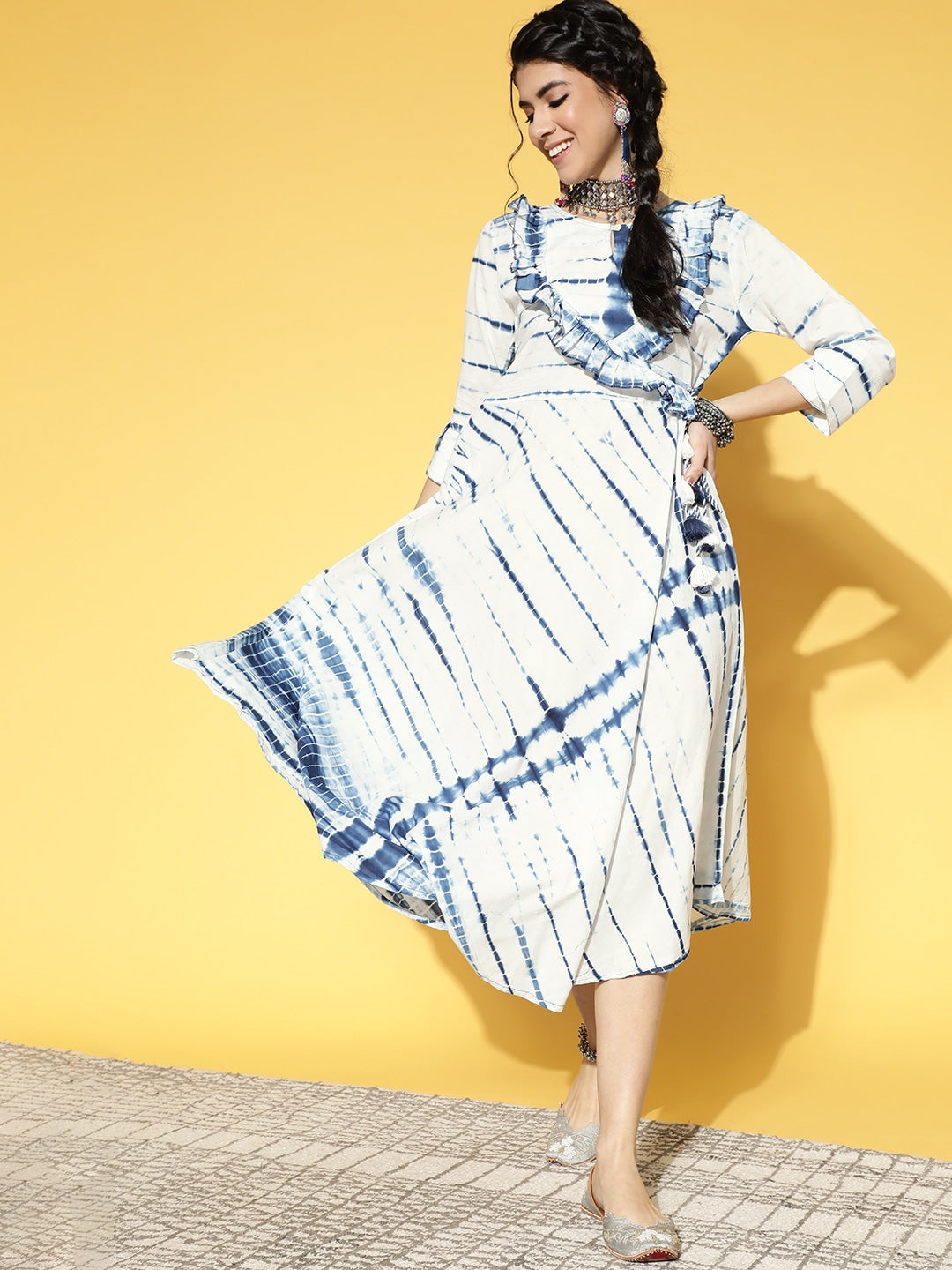 Yufta White & Blue Tie-Dyed Dress - Distacart