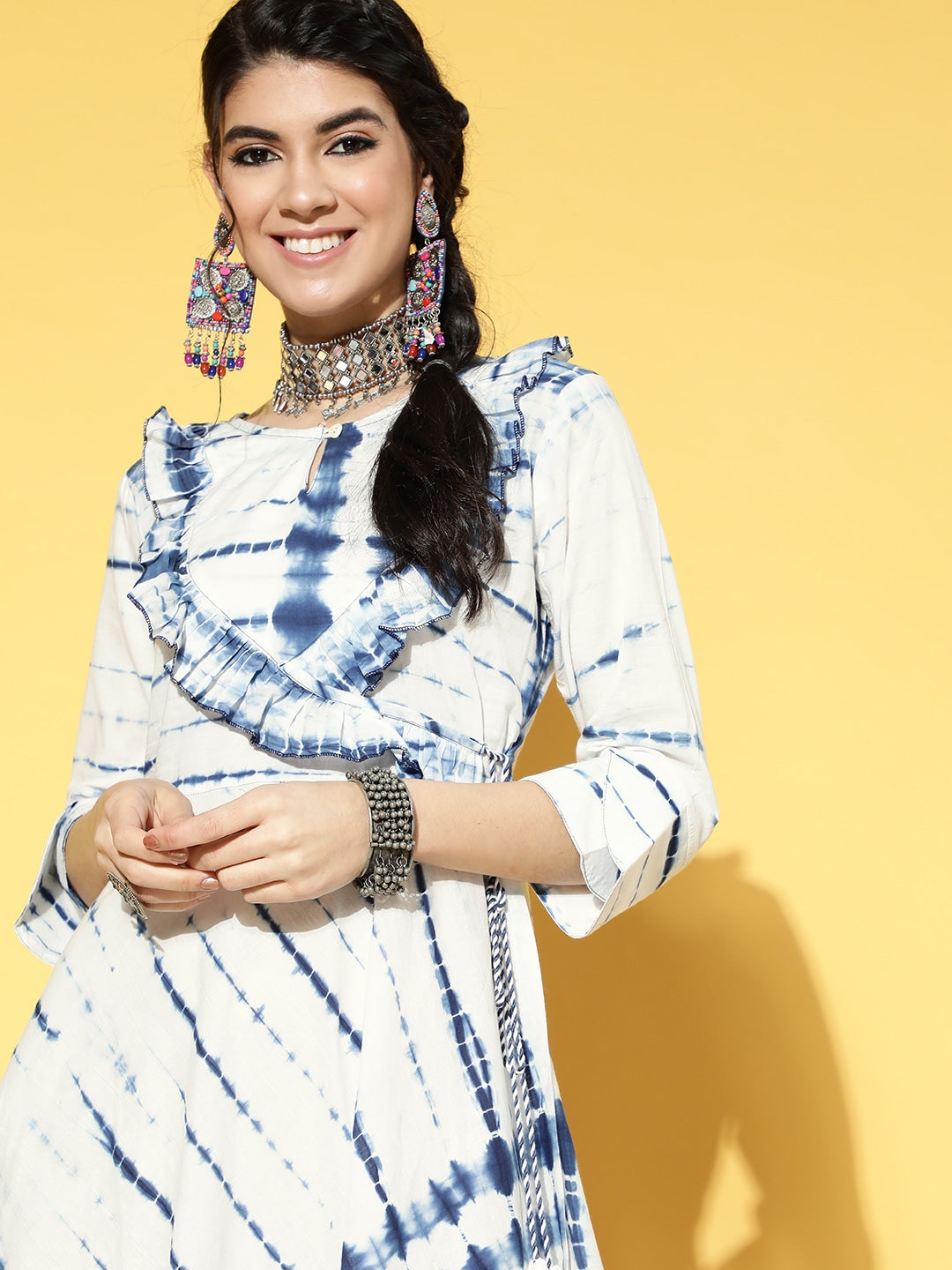 Yufta White & Blue Tie-Dyed Dress - Distacart