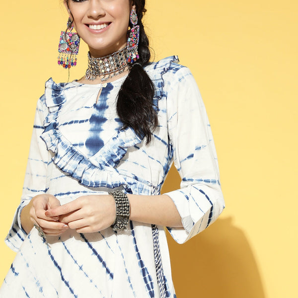 Yufta White & Blue Tie-Dyed Dress - Distacart