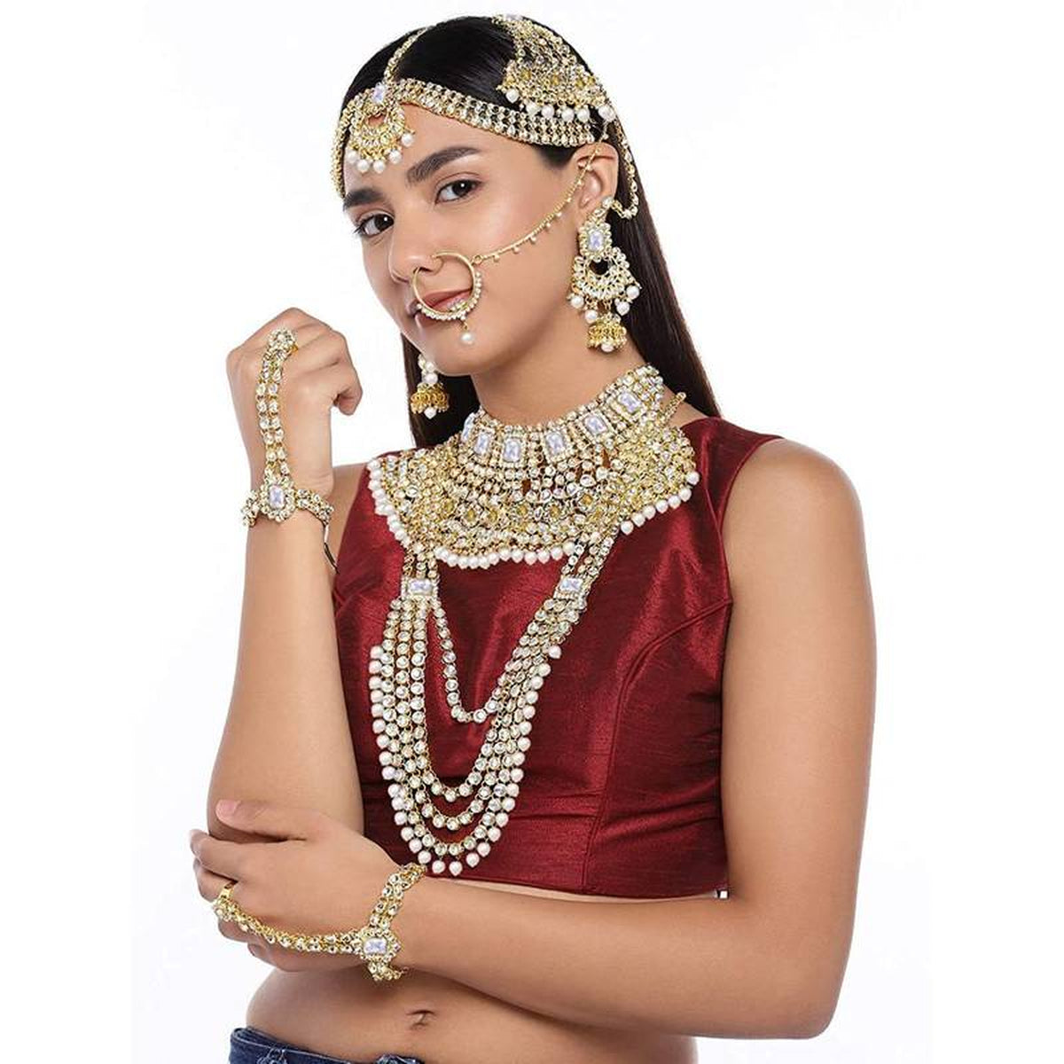 Jewel City Complete Bridal Kundan Jewelry Set - 8-Piece Royal Indian Wedding Collection with Choker, Rani Haar, Earrings, Maang Tikka & Mathapatti