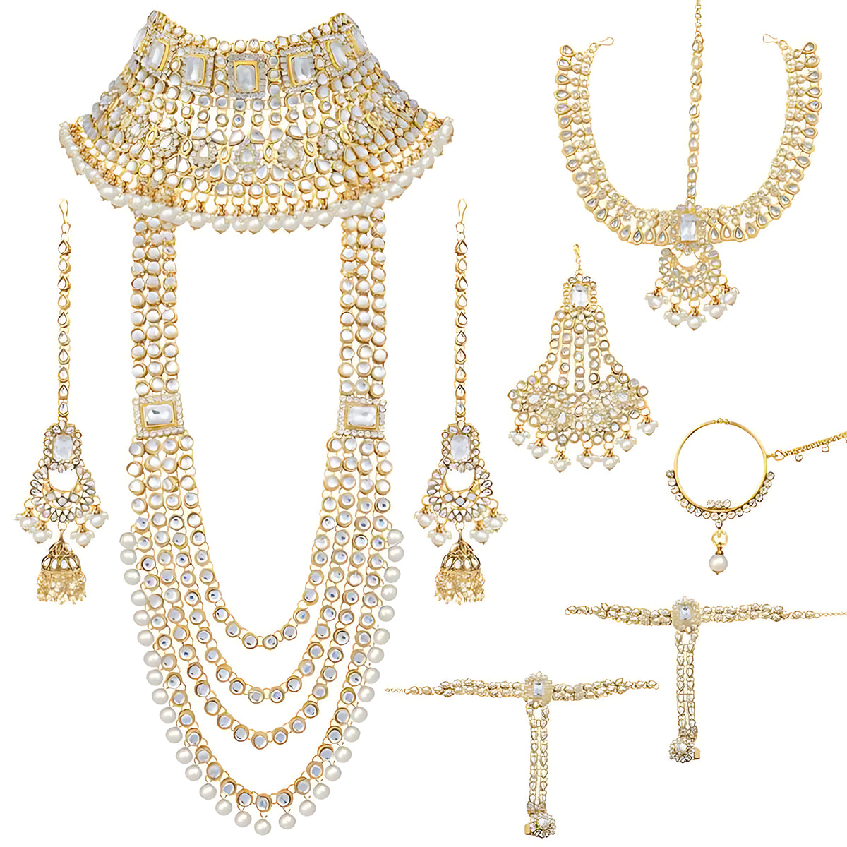 Jewel City Complete Bridal Kundan Jewelry Set - 8-Piece Royal Indian Wedding Collection with Choker, Rani Haar, Earrings, Maang Tikka & Mathapatti