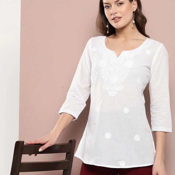 Yufta White Floral Chikankari Embroidered Pure Cotton Top - Distacart