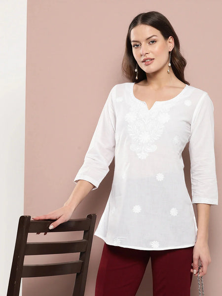 Yufta White Floral Chikankari Embroidered Pure Cotton Top - Distacart