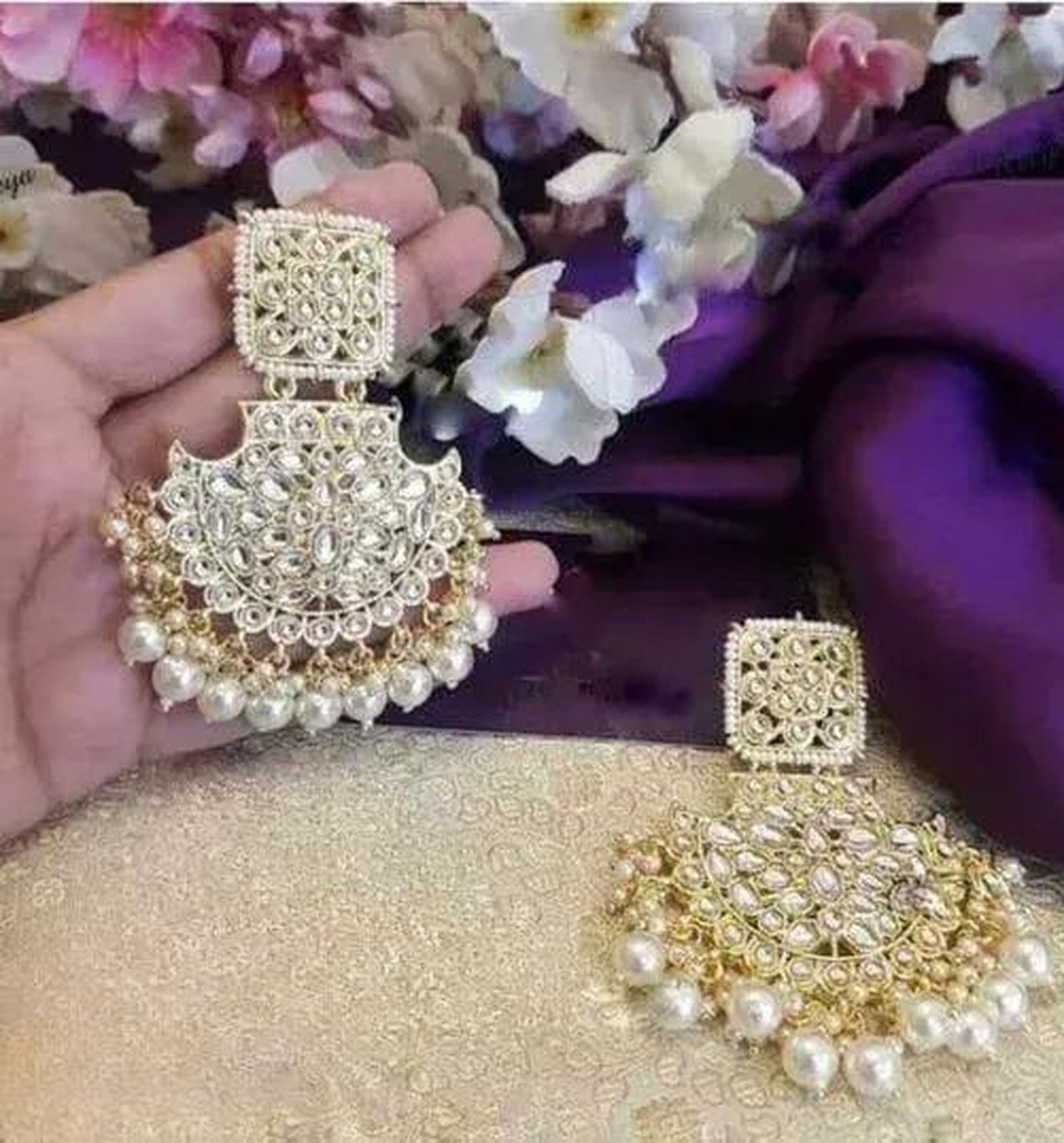 Jewel City Exquisite Kundan Chandbali Earrings with Pearl Drops - Bridal Jewelry Set