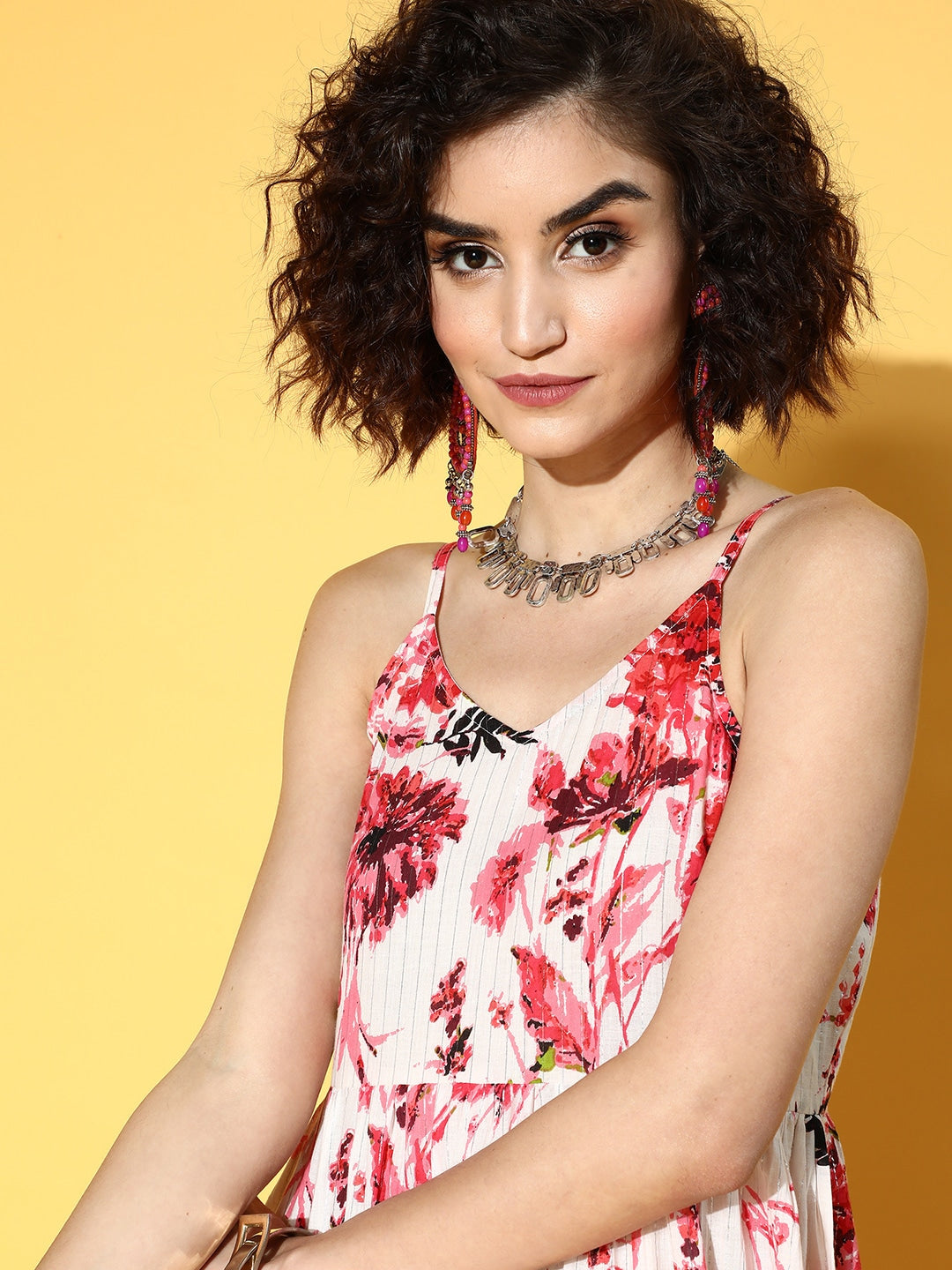 Yufta White & Pink Floral Printed Dress - Distacart