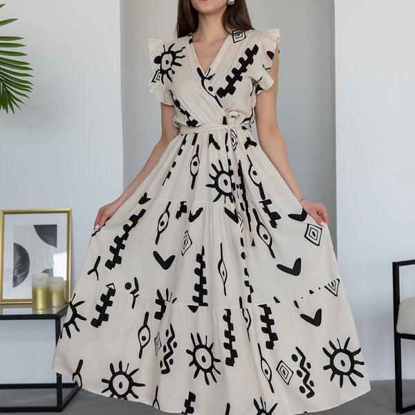 Pimu V-Neck Maxi Dress with White Graphic Print