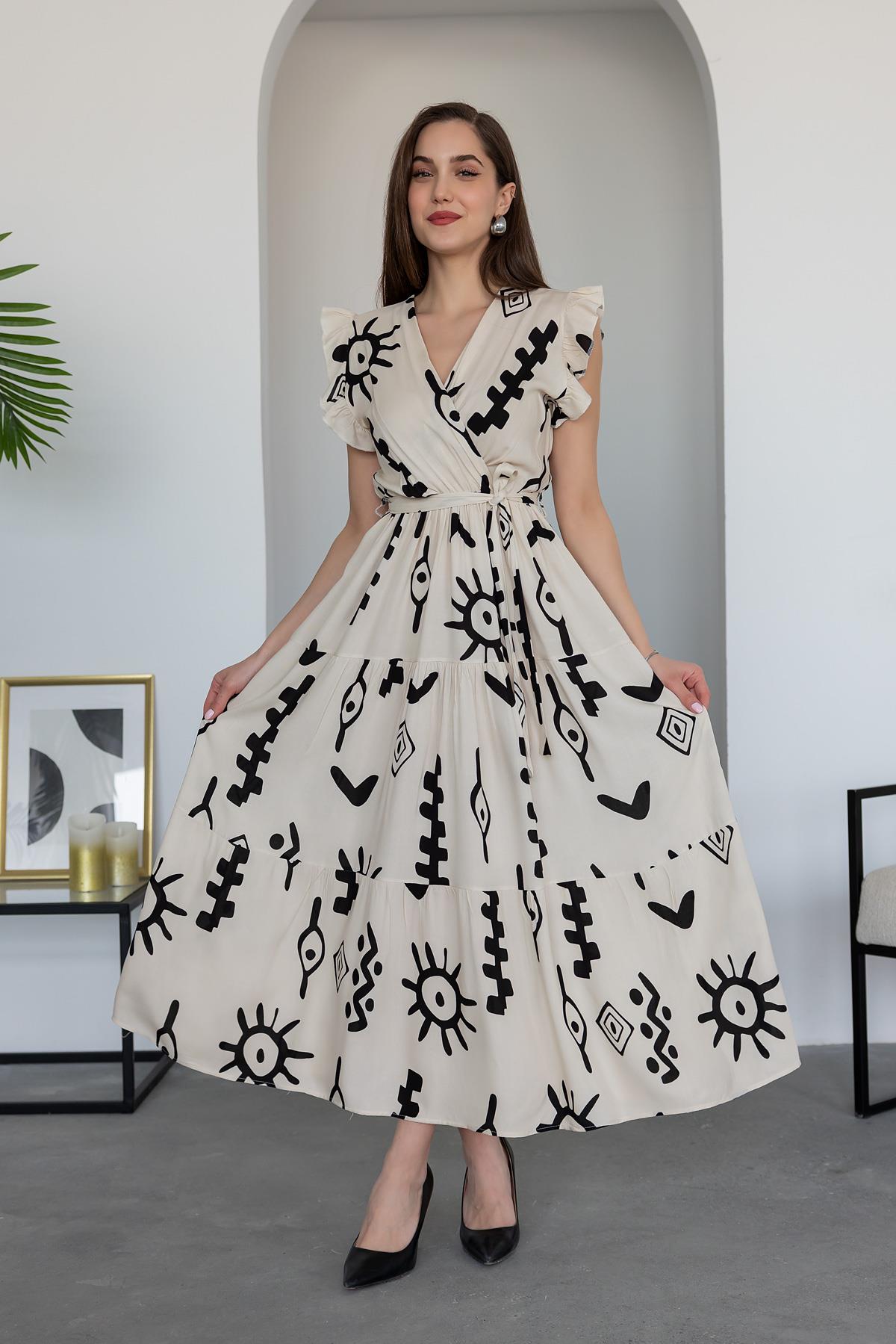 Pimu V-Neck Maxi Dress with White Graphic Print - Distacart