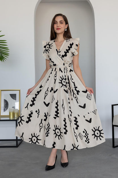 Pimu V-Neck Maxi Dress with White Graphic Print - Distacart
