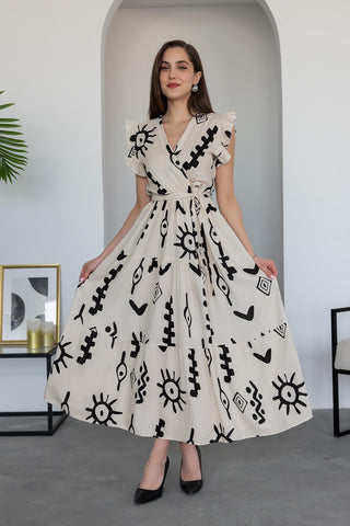 Pimu V-Neck Maxi Dress with White Graphic Print