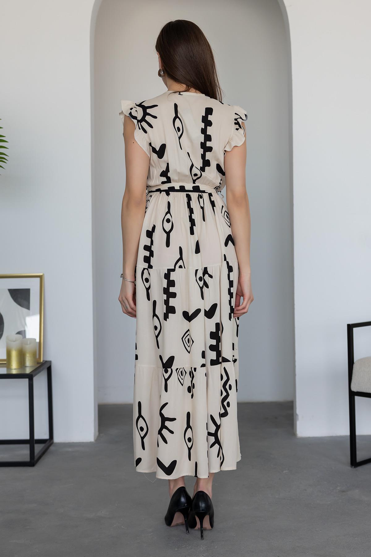 Pimu V-Neck Maxi Dress with White Graphic Print - Distacart
