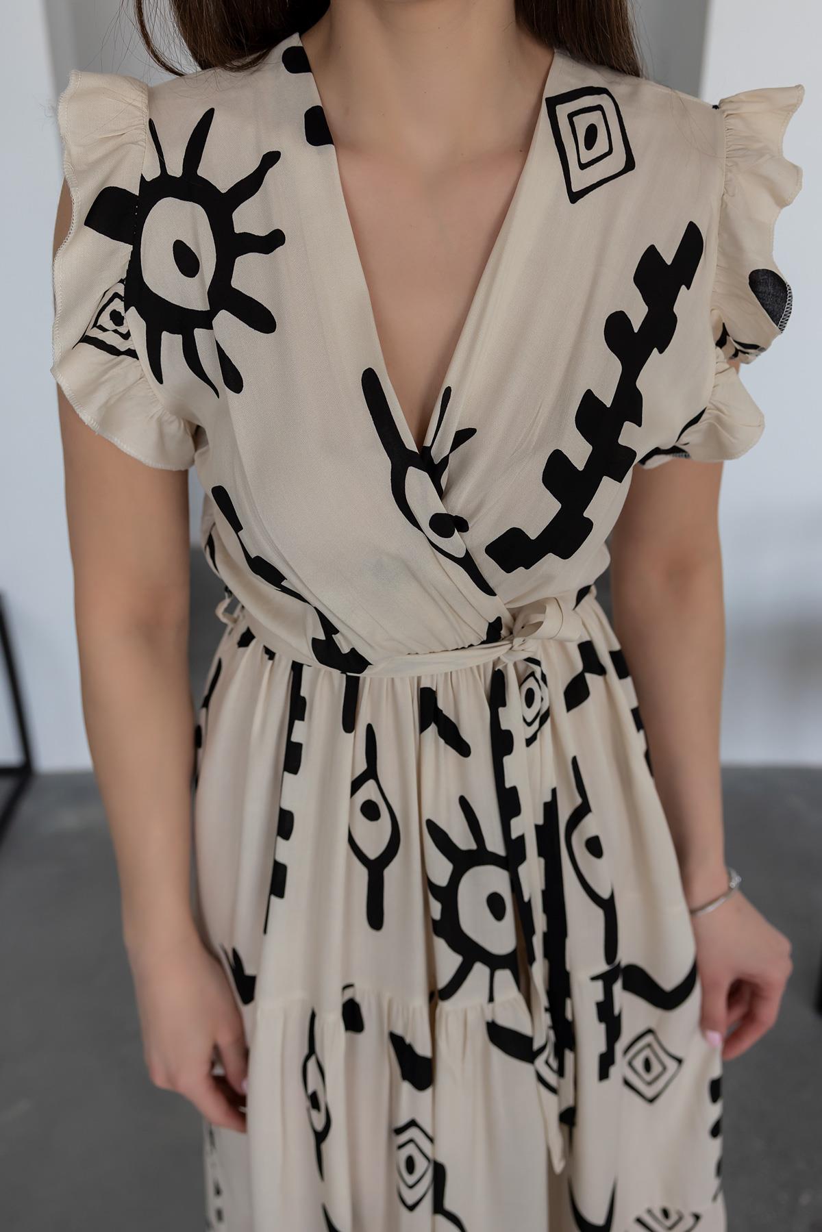 Pimu V-Neck Maxi Dress with White Graphic Print - Distacart