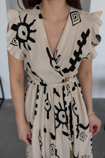 Pimu V-Neck Maxi Dress with White Graphic Print - Distacart